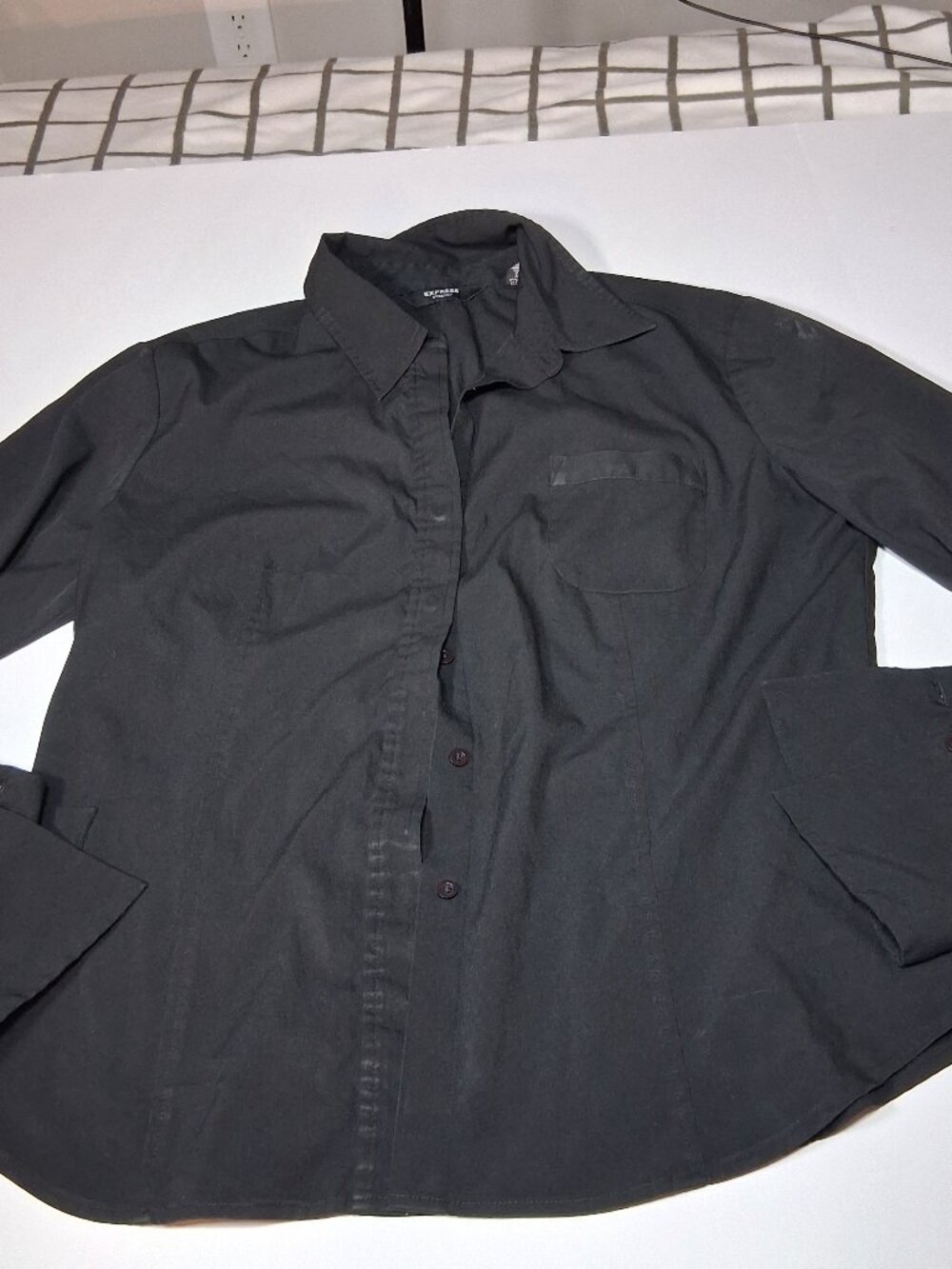 Size 13/14 Junior Express Black Stretch Button-Up Long Sleeve Blouse